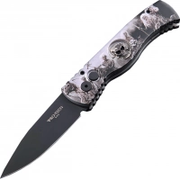 Автоматический складной нож Pro-Tech TR-2.4H1. Bruce Show Skull, клинок черный, сталь 154CM, рукоять алюминий, рисунок скелеты пиратов купить в Люберцах