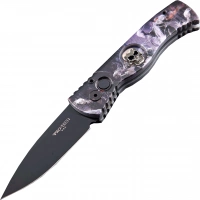 Автоматический складной нож Pro-Tech TR-2.4H1. Bruce Show Skull, клинок черный, сталь 154CM, рукоять алюминий, рисунок скелеты всадников купить в Люберцах